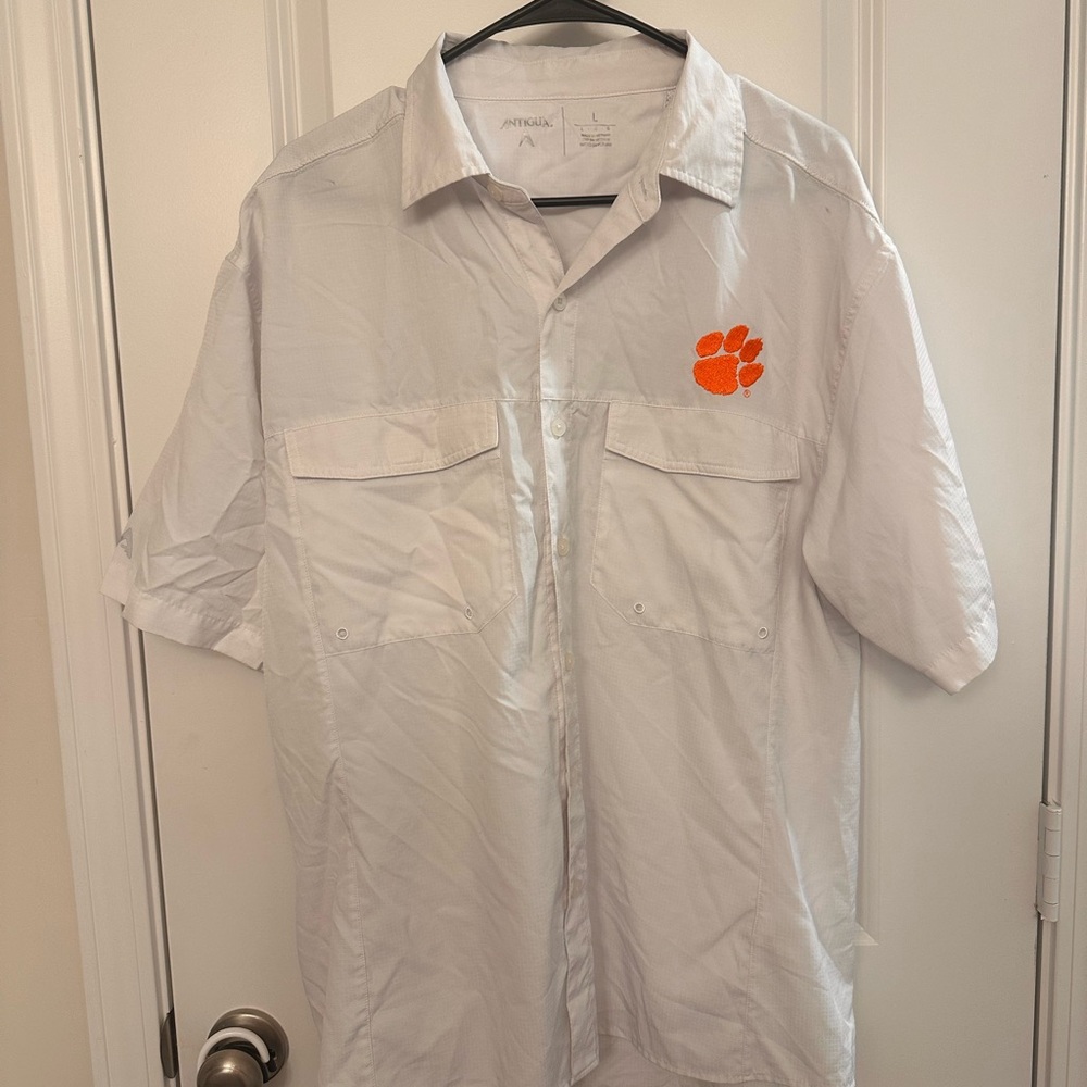 Antigua White Shirt with Orange Clemson  Logo